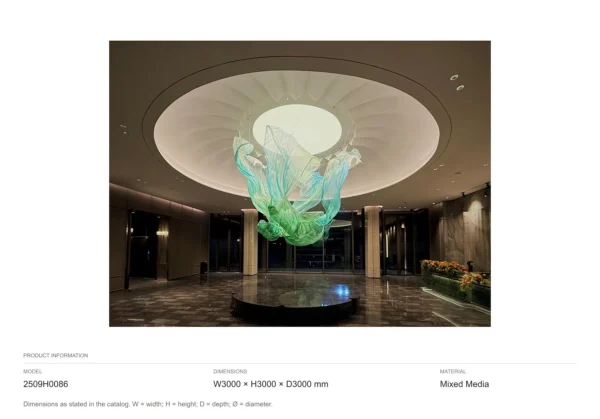 Green and Blue Suspended Flame Art Installation, 300 cm in olive — dimensions