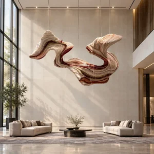 Suspended Twisted Ribbon Installation in Cream and Red — front view