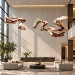 Suspended Ribbon Art Installation in oatmeal — front view