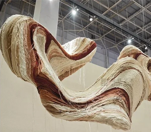 Suspended Ribbon Art Installation in oatmeal — detail
