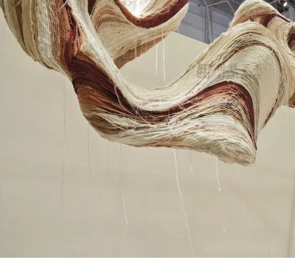 Suspended Ribbon Art Installation in oatmeal — detail