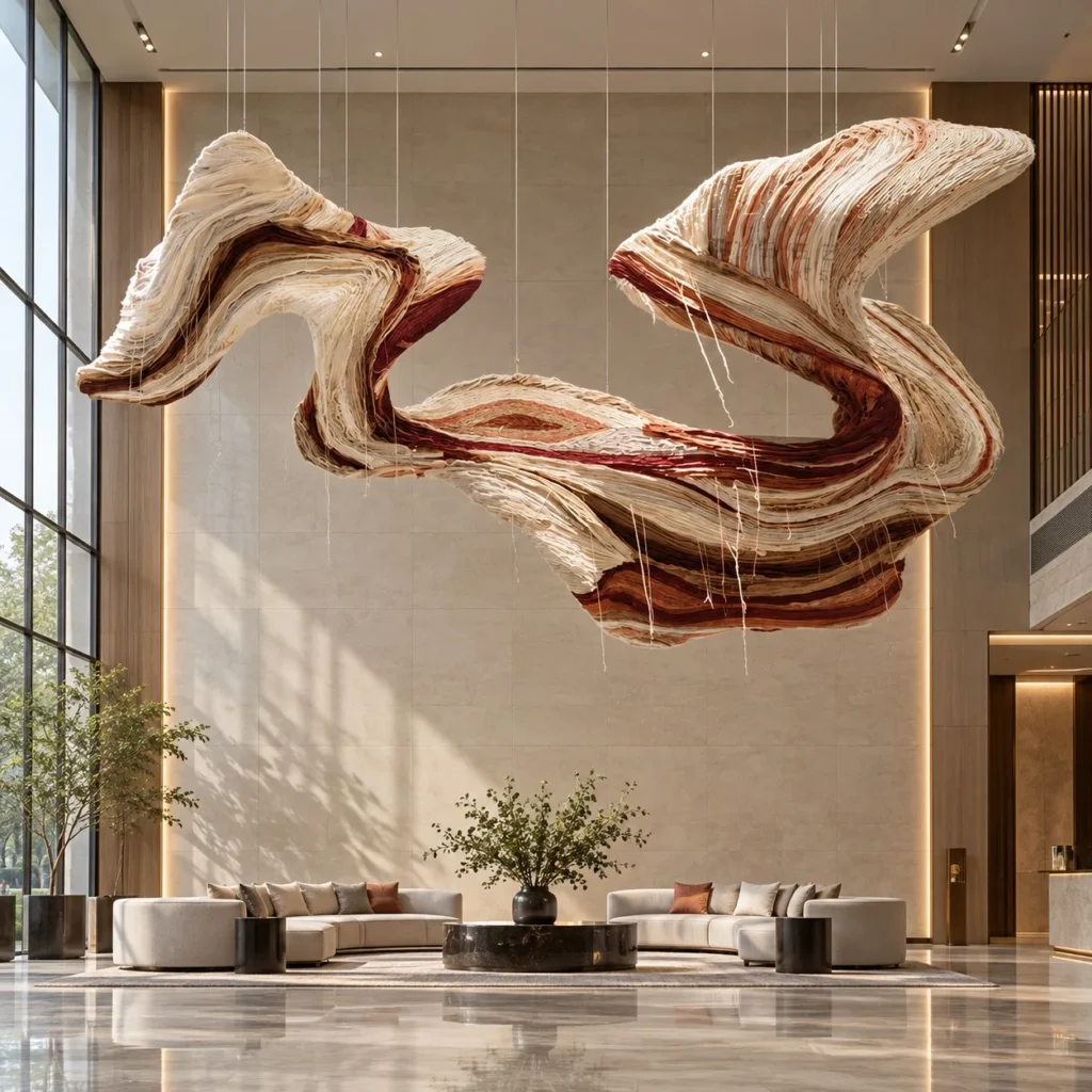 Suspended Twisting Ribbon Art Installation, 304 x 172 cm in oatmeal — front view