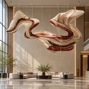 Suspended Twisting Ribbon Art Installation, 304 x 172 cm in oatmeal — front view