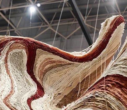 Suspended Twisting Ribbon Art Installation, 304 x 172 cm in oatmeal — detail