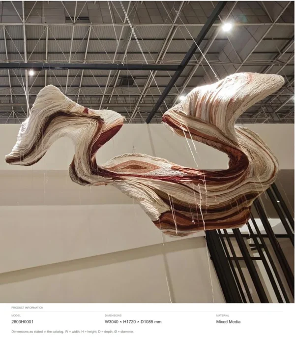 Suspended Twisting Ribbon Art Installation, 304 x 172 cm in oatmeal — dimensions