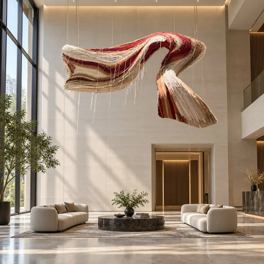 Suspended Ribbon Art Installation, 200 x 151 cm in oatmeal — front view