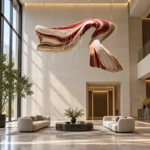 Suspended Ribbon Art Installation, 200 x 151 cm in oatmeal — front view