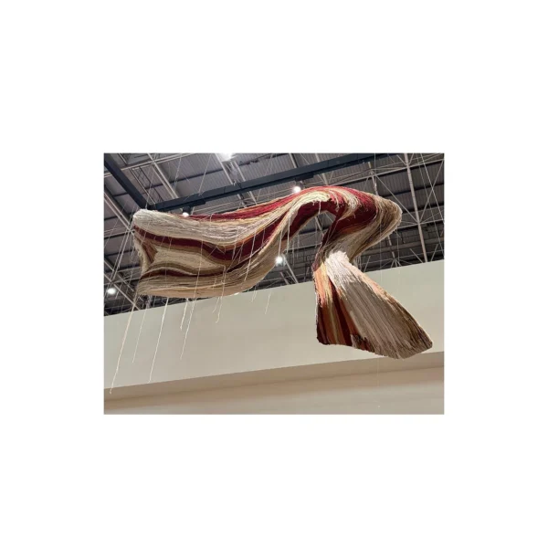 Suspended Ribbon Art Installation, 200 x 151 cm in oatmeal — in a room setting