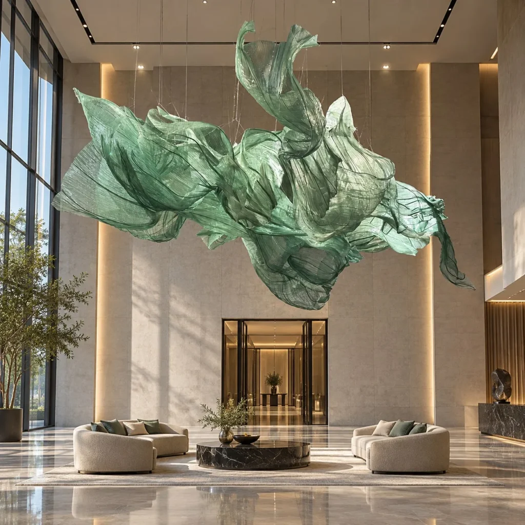Green Suspended Silk Wave Art Installation, 400 x 200 cm in olive — front view