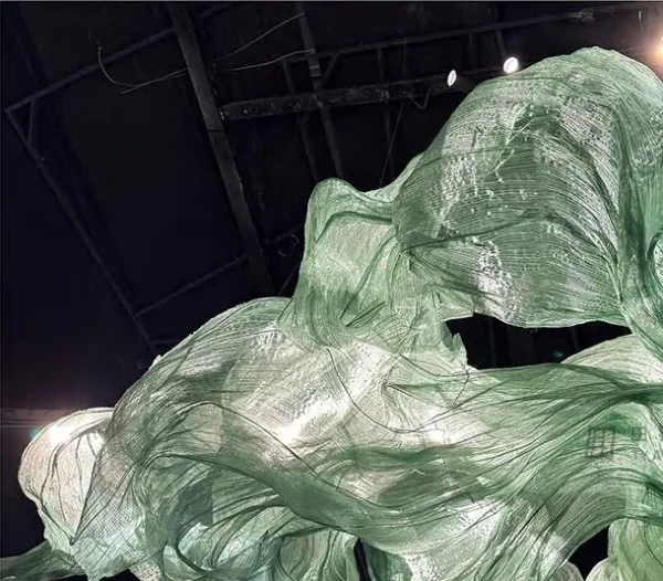 Green Suspended Silk Wave Art Installation, 400 x 200 cm in olive — detail