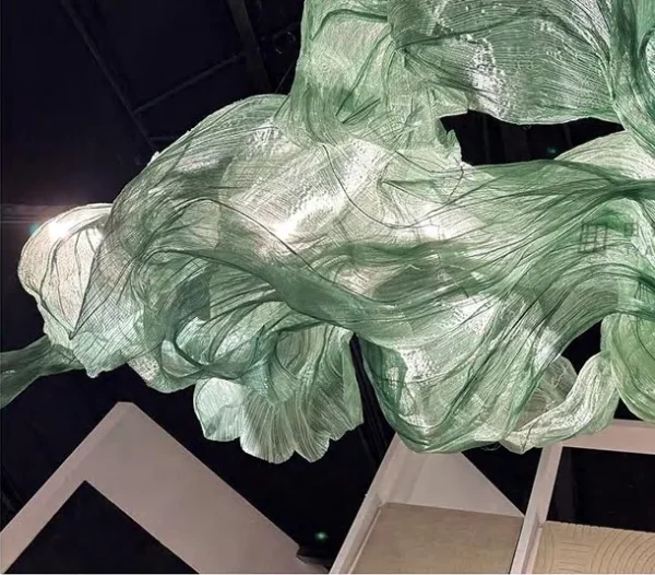 Green Suspended Silk Wave Art Installation, 400 x 200 cm in olive — detail
