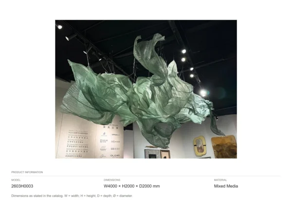 Green Suspended Silk Wave Art Installation, 400 x 200 cm in olive — dimensions