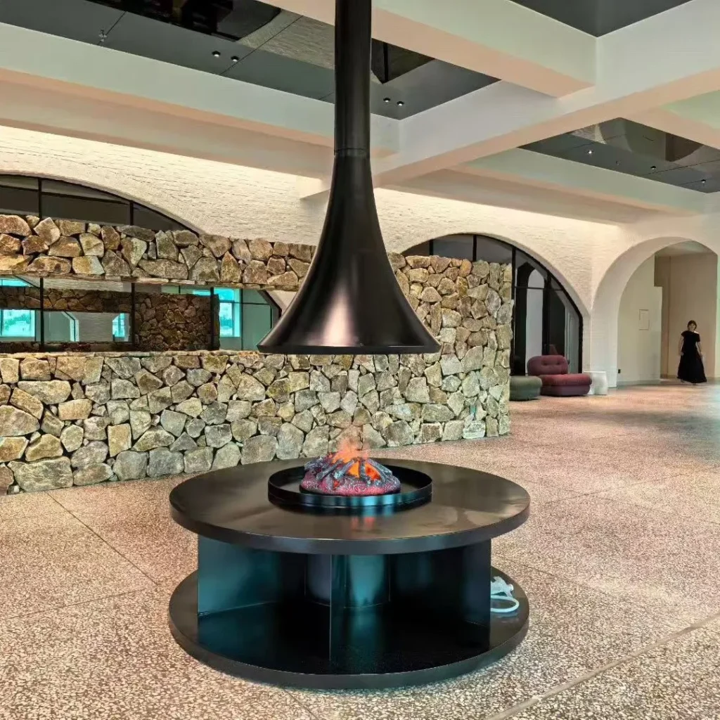 Suspended Electric Platform Fireplace for Lobbies in black — front view