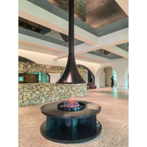 Suspended Electric Platform Fireplace for Lobbies in black — in a room setting