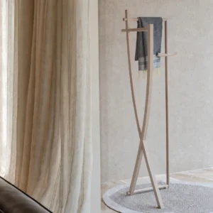 Ash Wood Sculptural Coat Stand with Woven Detail in natural oak — front view