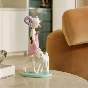Horned Girl with Lamb Art Figurine in Resin — front view