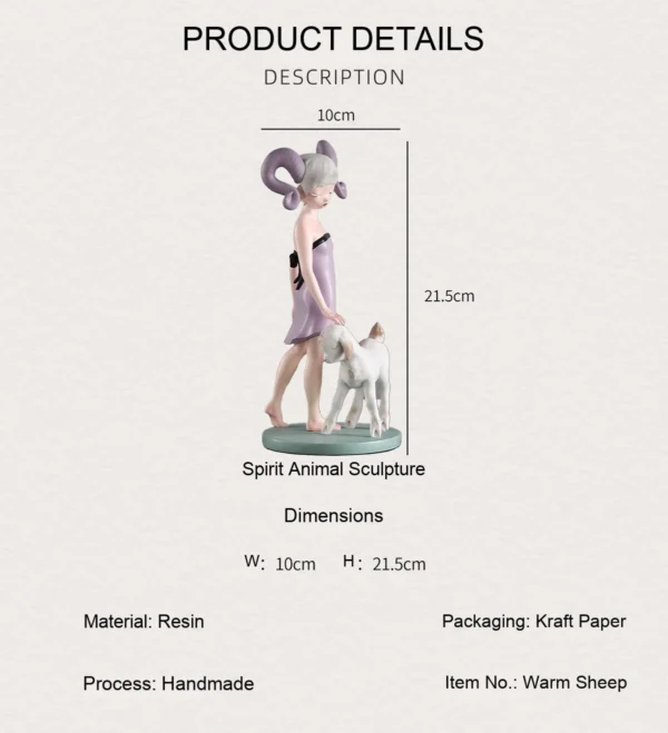 Horned Girl with Lamb Art Figurine in Resin — dimensions