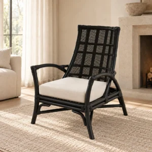 Harper Black Rattan Lounge Chair in black — front view