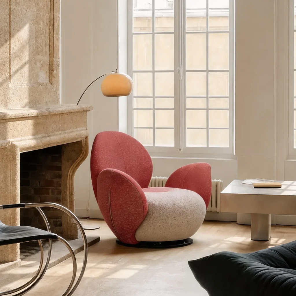 Petal Sculptural Swivel Armchair in Red and Cream — front view