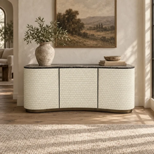 Havise Curved Sideboard in oatmeal — in a room setting