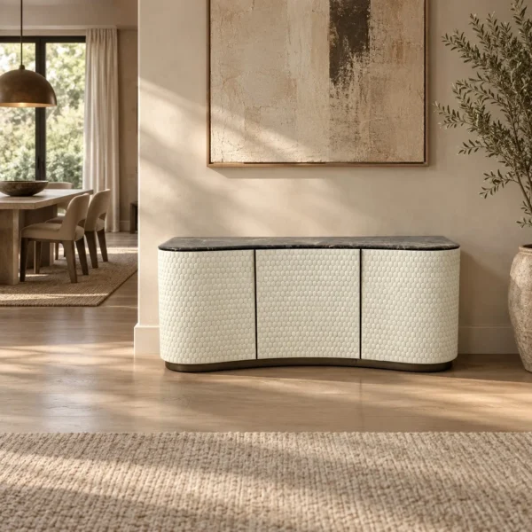 Havise Curved Sideboard in oatmeal — in a room setting