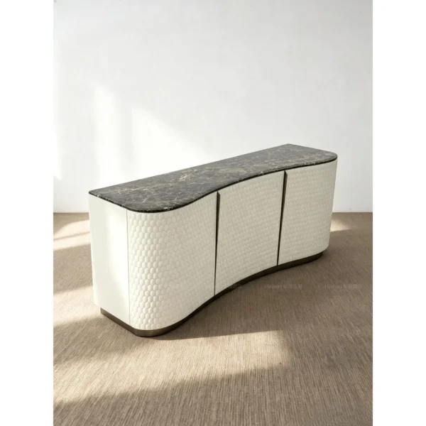 Havise Curved Sideboard in oatmeal — in a room setting