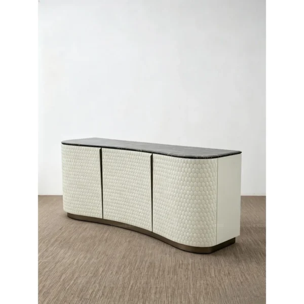 Havise Curved Sideboard in oatmeal — in a room setting
