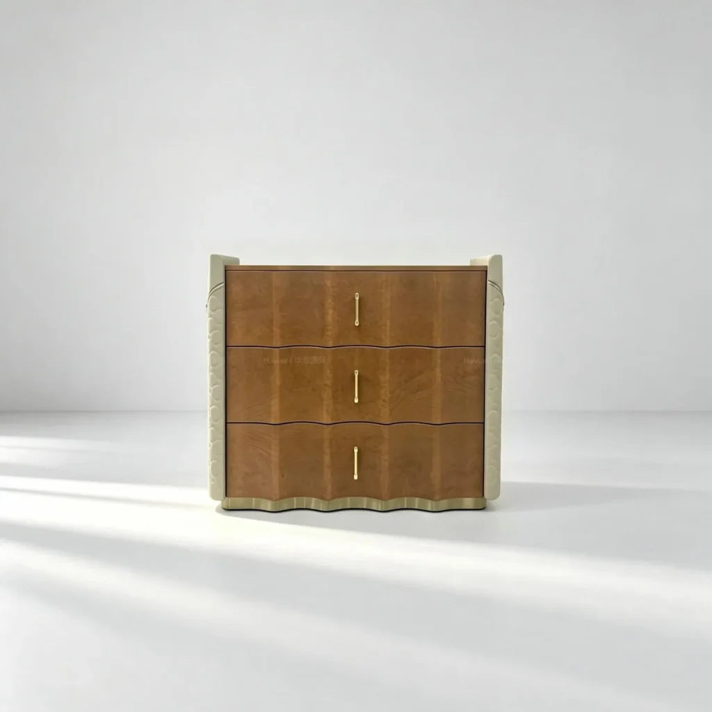 Havise Burl Chest with Quilted Sides and Wave Drawers in rust — front view