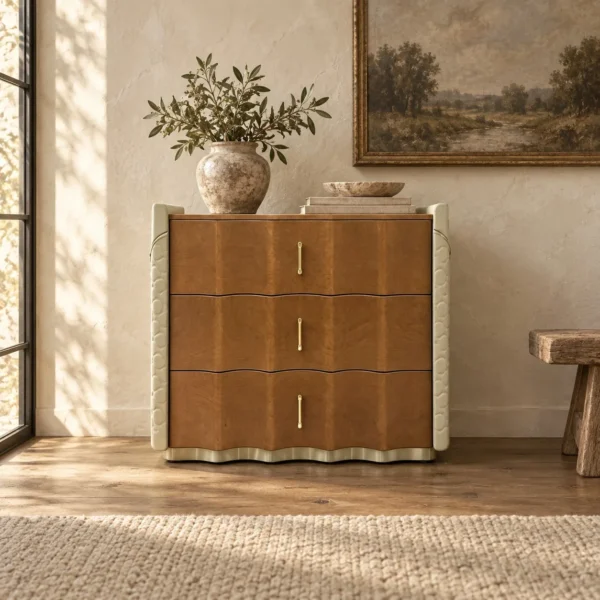 Havise Burl Chest with Quilted Sides and Wave Drawers in rust — in a room setting