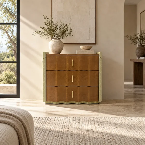 Havise Burl Chest with Quilted Sides and Wave Drawers in rust — in a room setting