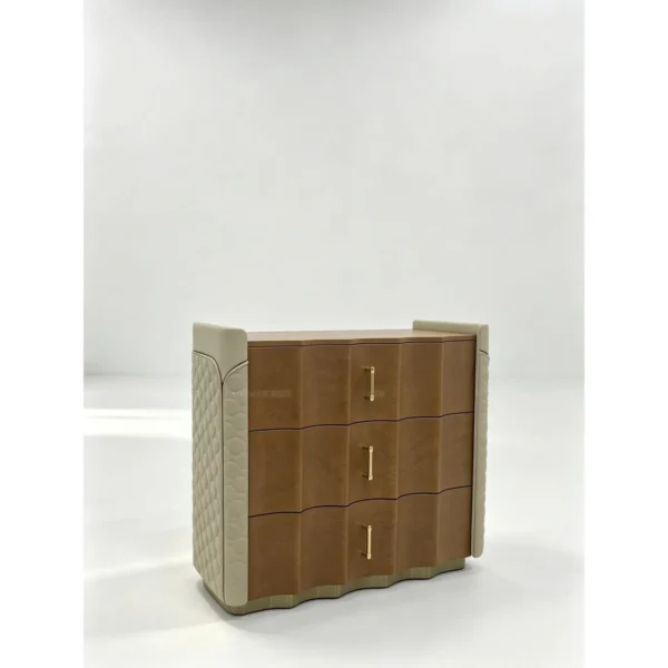 Havise Burl Chest with Quilted Sides and Wave Drawers in rust — in a room setting