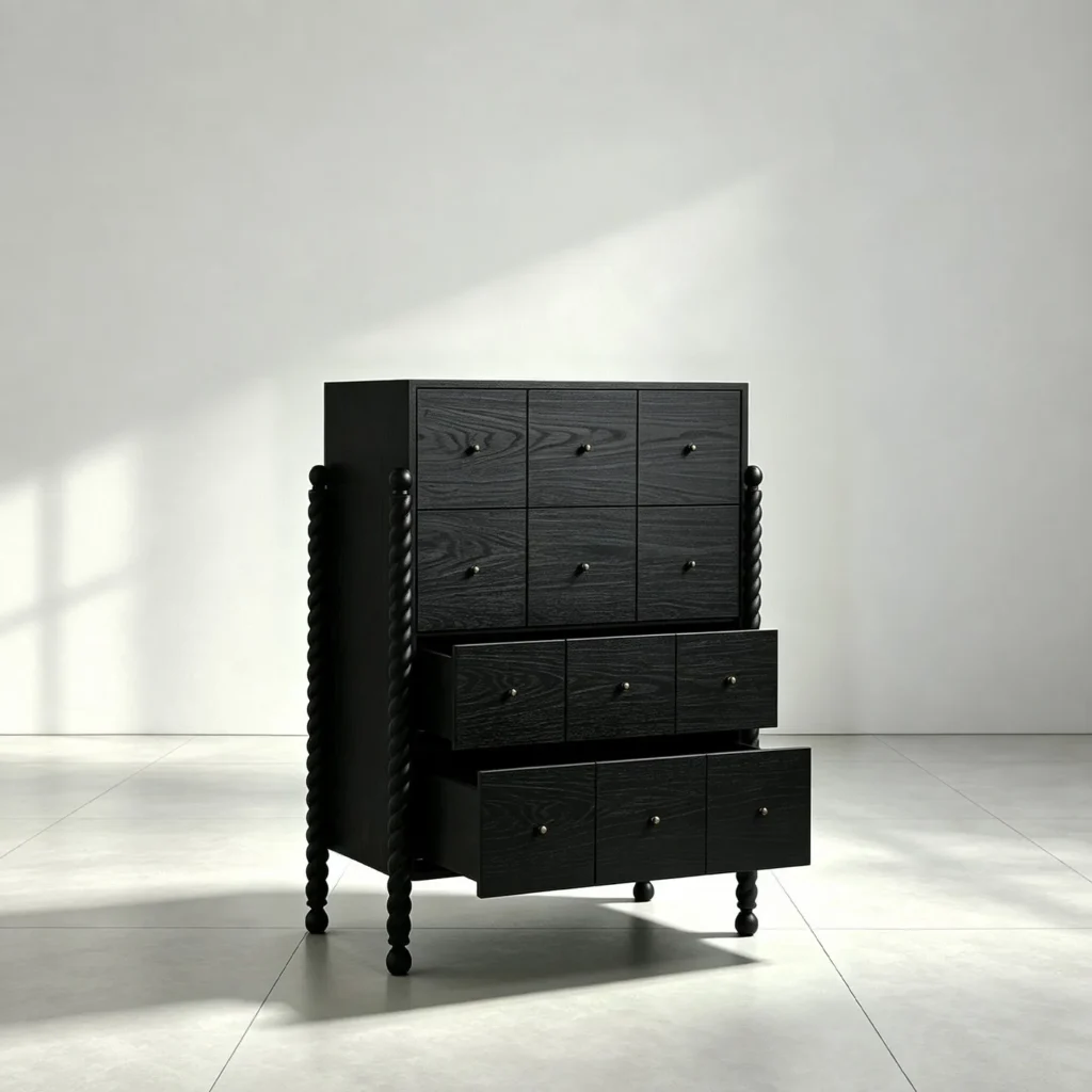 Hawser Black Oak Tall Dresser with Rope-Turned Posts in black — front view
