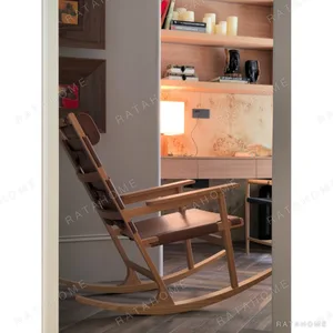 White Oak Rocking Chair with Leather Sling Seat, 68 cm in natural oak — in a room setting