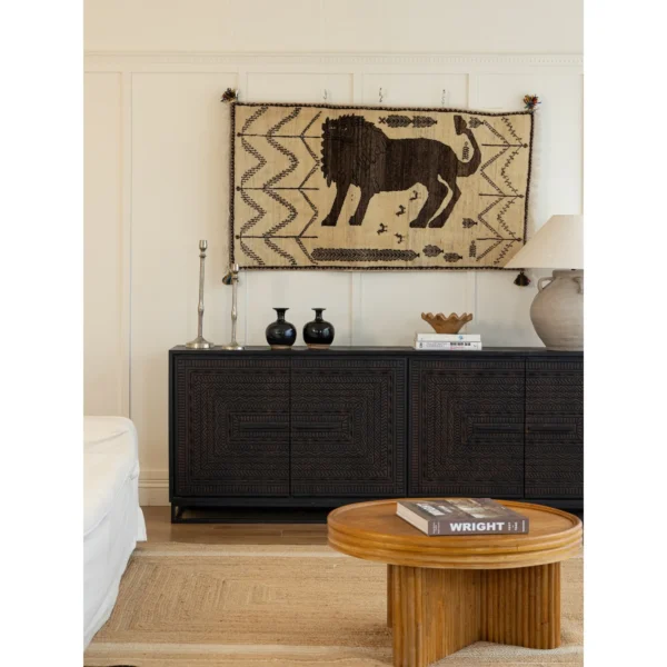 Hena Black Teak Sideboard with Hand-Carved Geometric Doors in black — in a room setting