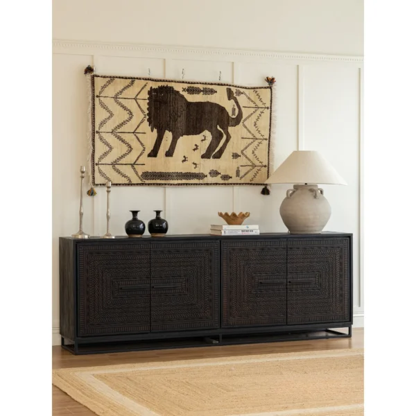 Hena Black Teak Sideboard with Hand-Carved Geometric Doors in black — in a room setting
