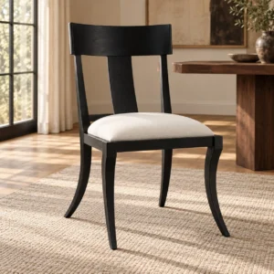 Hera Black Ash Curved-Leg Dining Chair with Linen Seat in black — front view