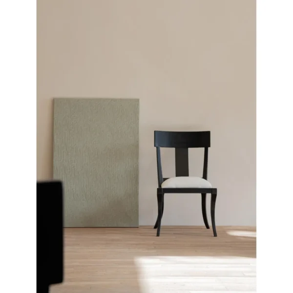 Hera Black Ash Curved-Leg Dining Chair with Linen Seat in black — in a room setting