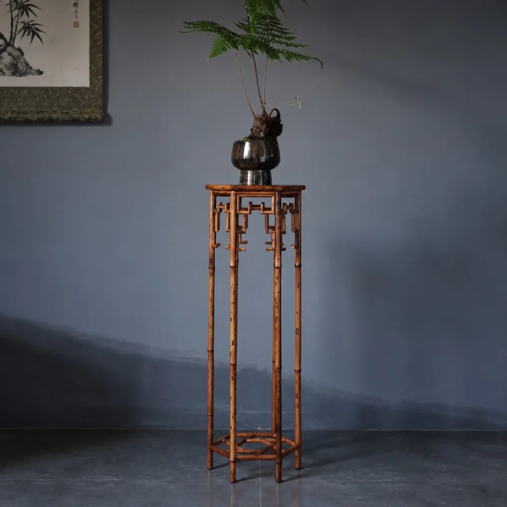 Hexagonal Bamboo Plant Stand with Key-Fret Apron in clay — front view