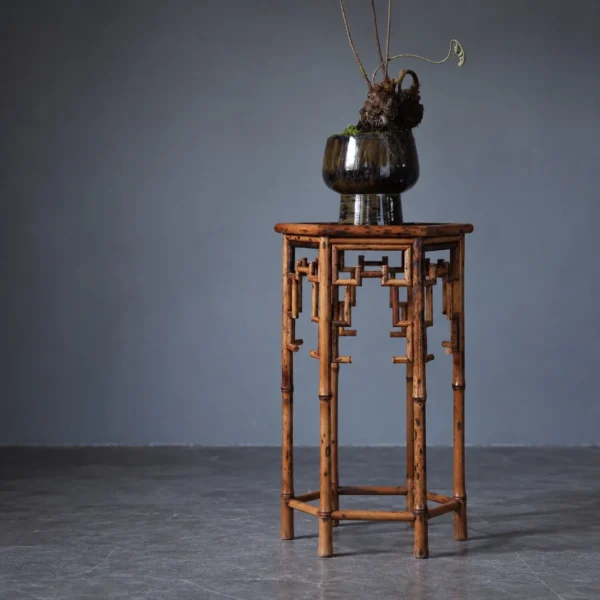 Hexagonal Bamboo Plant Stand with Key-Fret Apron in clay — in a room setting