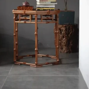 Hexagonal Bamboo Side Table with Lattice Apron in clay — front view