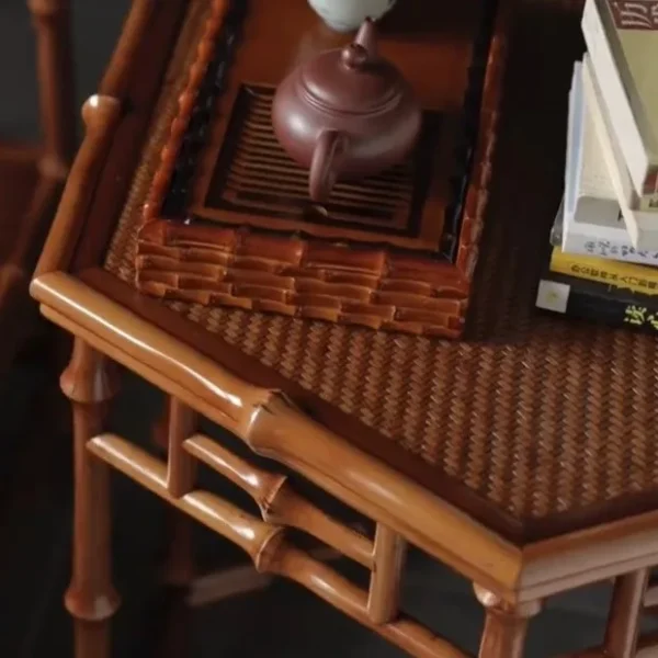 Hexagonal Bamboo Side Table with Lattice Apron in clay — detail