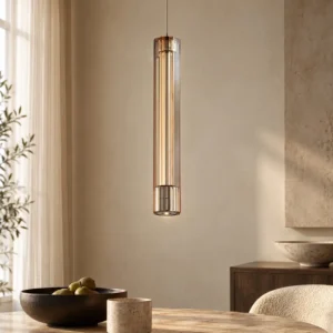 Hexagonal Ribbed Glass Tube Pendant Light, 25 or 35 cm in ivory — front view