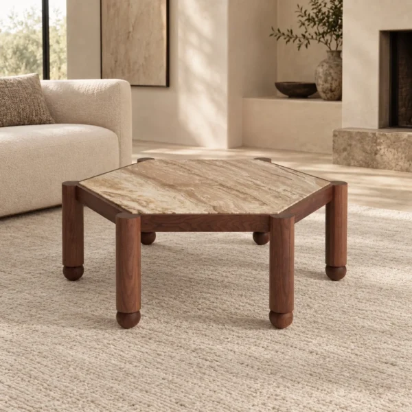 Hexagonal Travertine Coffee Table on Walnut Ball-Foot Legs in sand — in a room setting