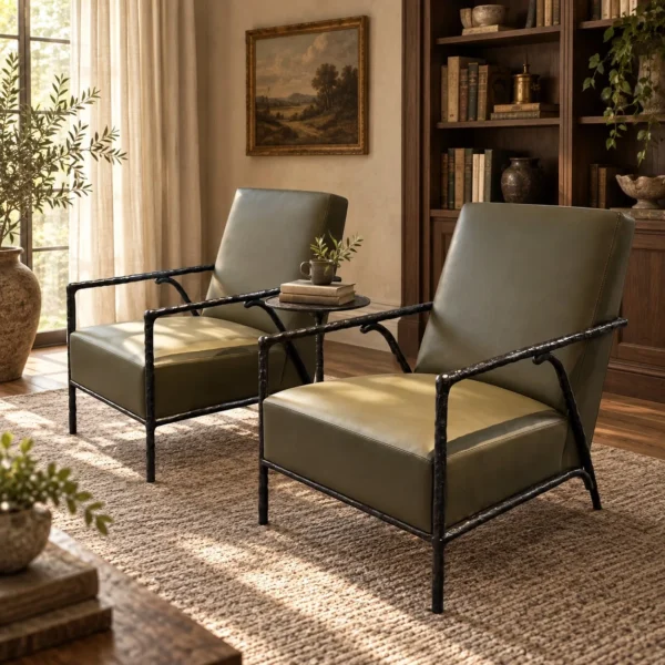 Forged Bronze Frame Lounge Chair in black — in a room setting