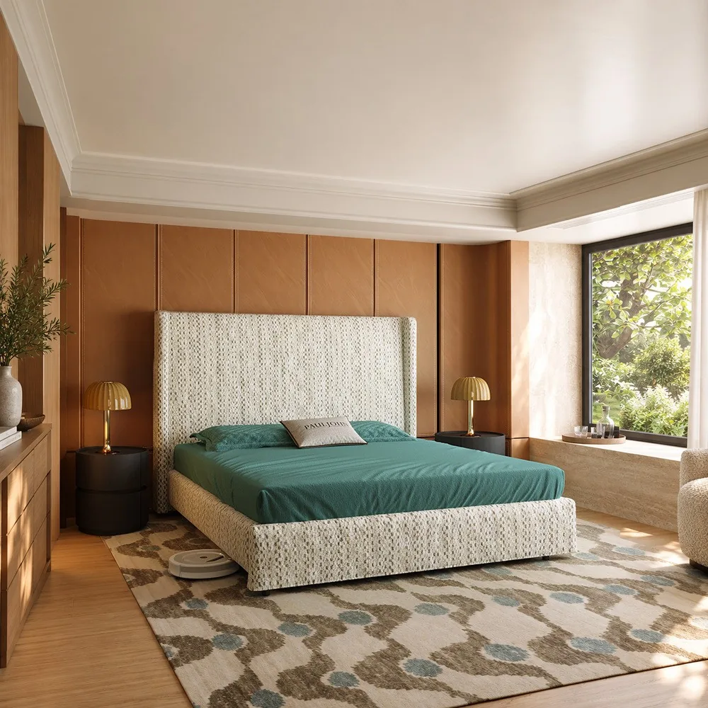 Floating High-Back Chenille Bed on Raised Legs in oatmeal — front view