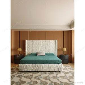 Floating High-Back Chenille Bed on Raised Legs in oatmeal — in a room setting