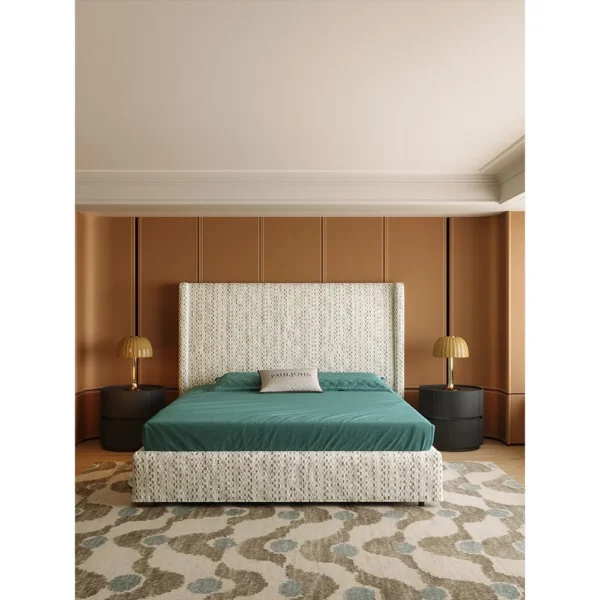 Floating High-Back Chenille Bed on Raised Legs in oatmeal — in a room setting