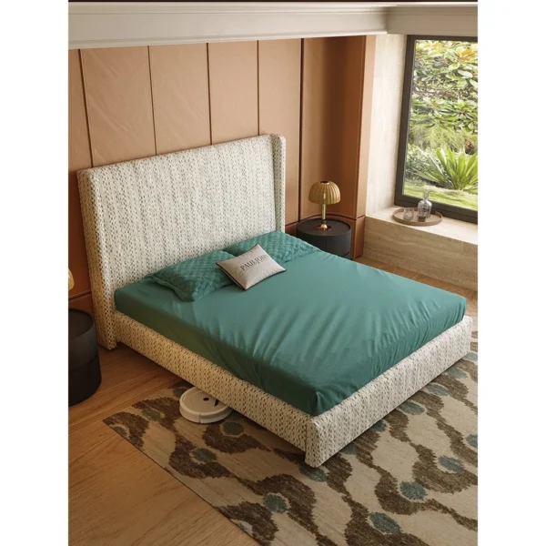 Floating High-Back Chenille Bed on Raised Legs in oatmeal — in a room setting