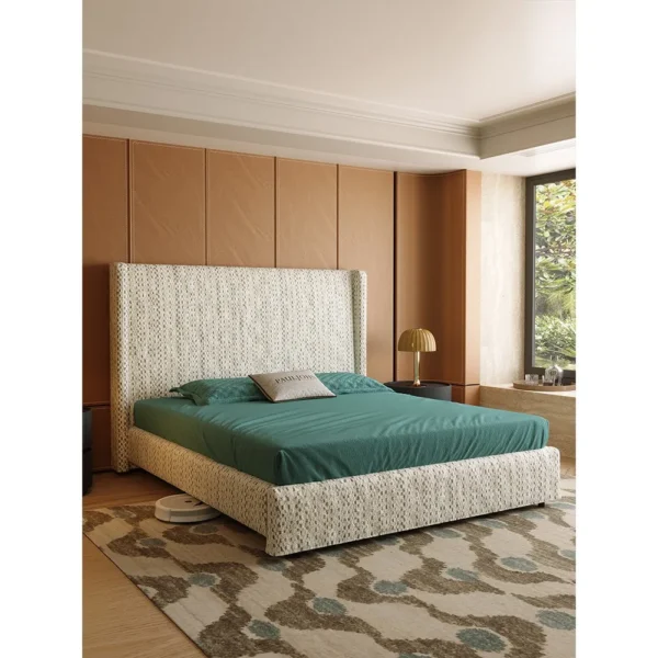 Floating High-Back Chenille Bed on Raised Legs in oatmeal — in a room setting