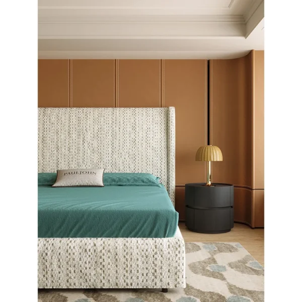 Floating High-Back Chenille Bed on Raised Legs in oatmeal — in a room setting
